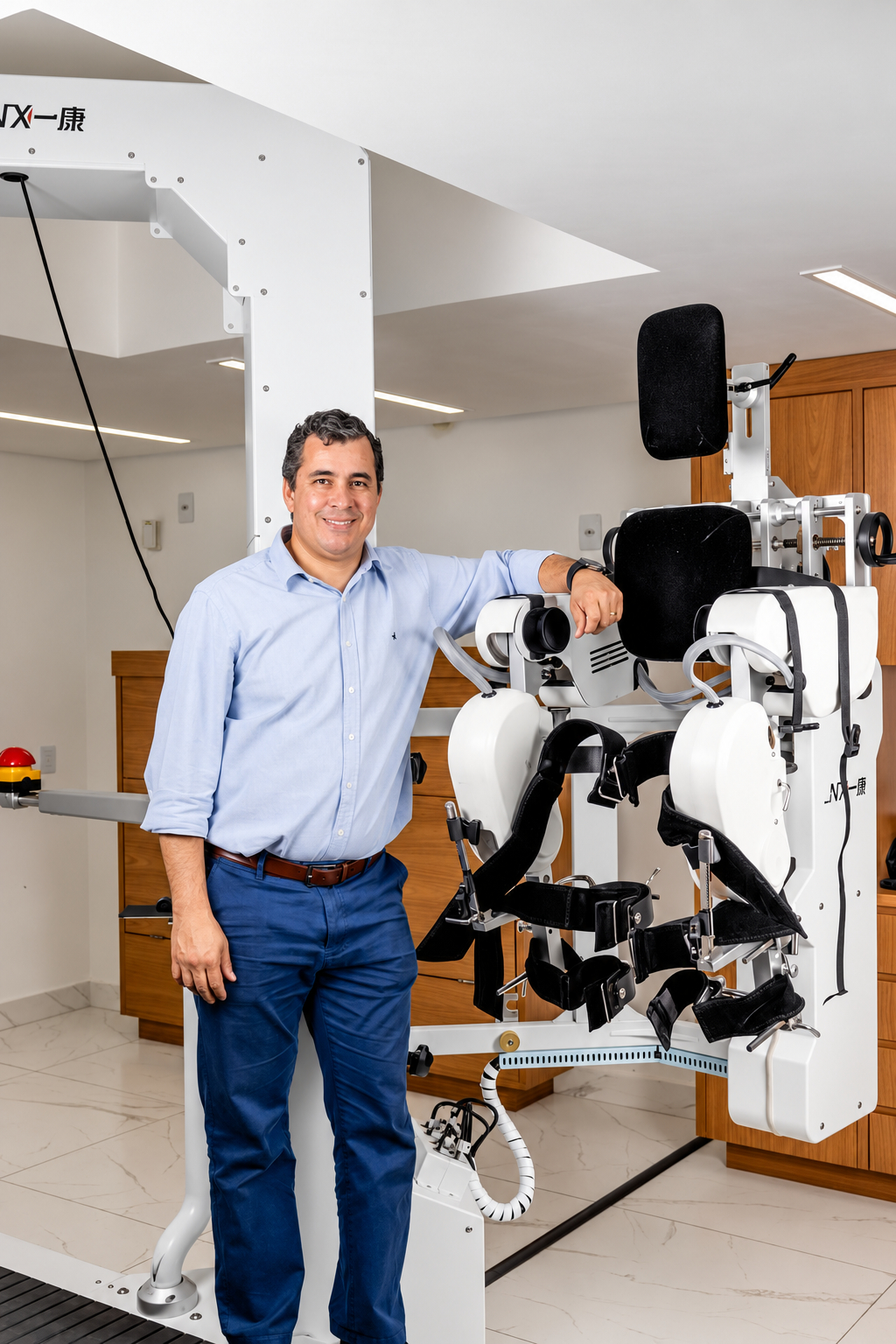 Dr. Thiago Ribeiro Pires ao lado do exoesqueleto robótico
