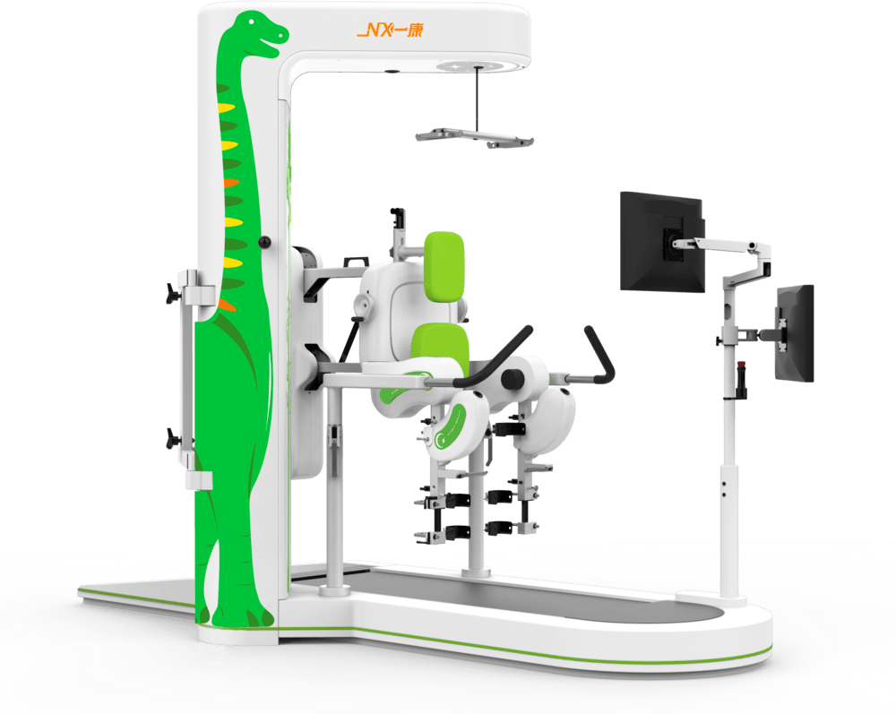 Exoesqueleto infantil A3 mini, com dinossauro verde na coluna e telas de jogos